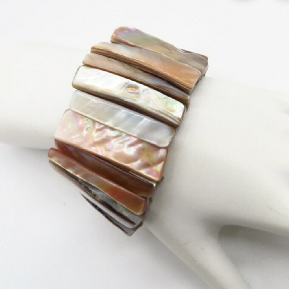 Vintage Abalone Shell Beige Tan Wide Stretch Bracelet Mother Of Pearl - Picture 1 of 5